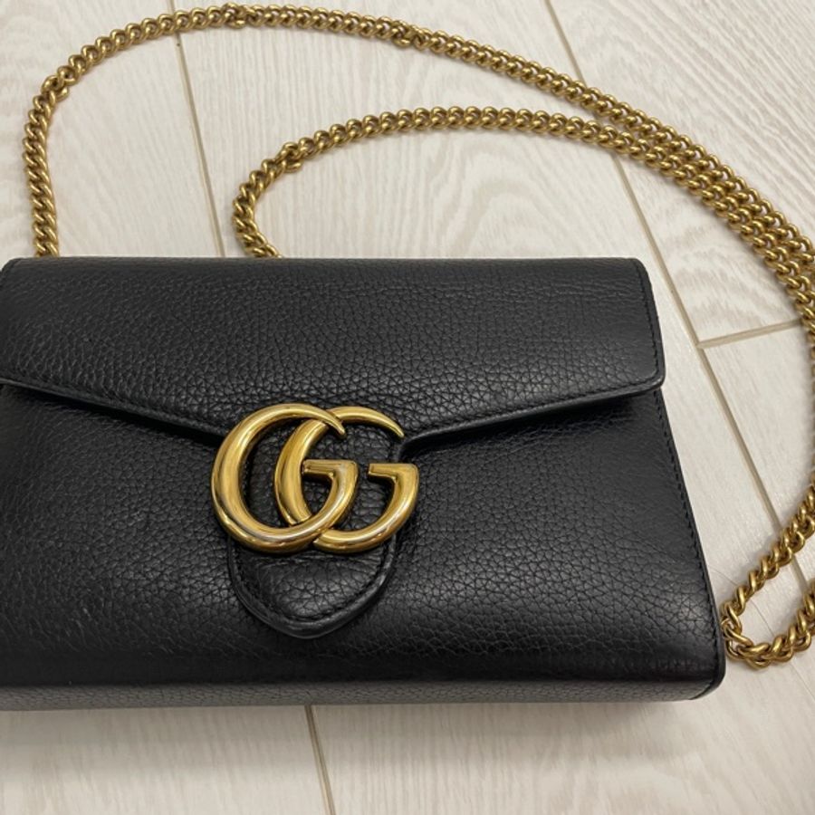 【GUCCI 古馳】經典雙G LOGO黑色 荔枝紋牛皮壓紋 金鍊斜肩 單肩包-5