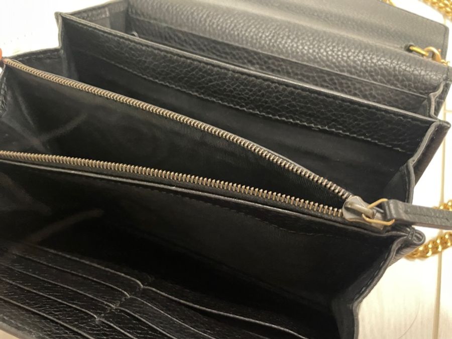 【GUCCI 古馳】經典雙G LOGO黑色 荔枝紋牛皮壓紋 金鍊斜肩 單肩包-9