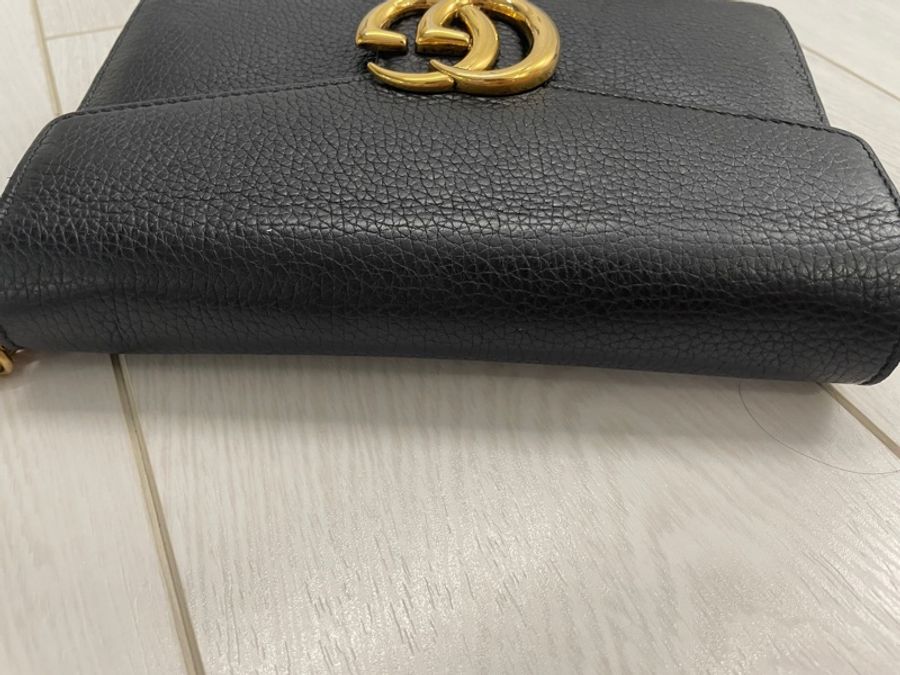 【GUCCI 古馳】經典雙G LOGO黑色 荔枝紋牛皮壓紋 金鍊斜肩 單肩包-12