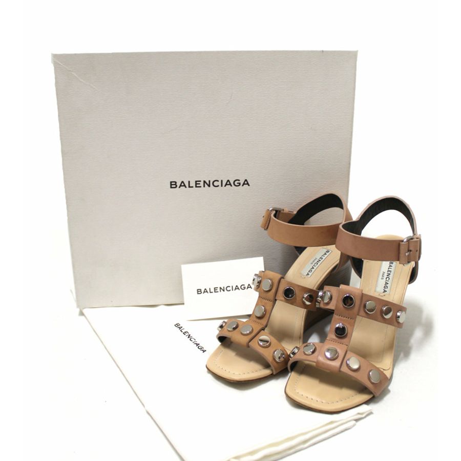 Balenciaga Pale Pink Leather Studs Sandals Wedge Shoes Size 35.5-12