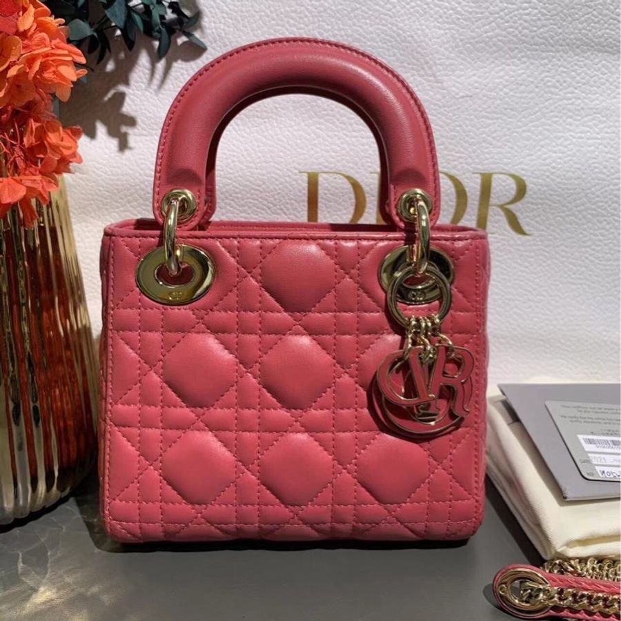 Dior迪奧羊皮金扣木槿粉戴妃三格鏈條包 尺寸 16*14cm 百搭手提單肩斜挎包 經典款-0