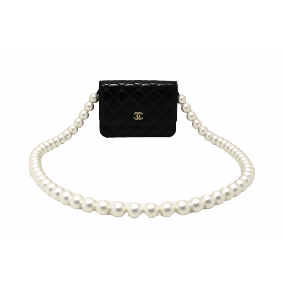 Chanel Black Quilted Calfskin Leather Wallet with Pearl Chain-1