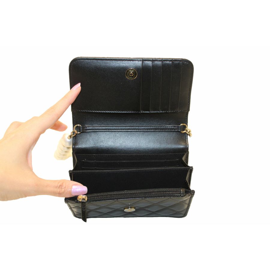 Chanel Black Quilted Calfskin Leather Wallet with Pearl Chain-12