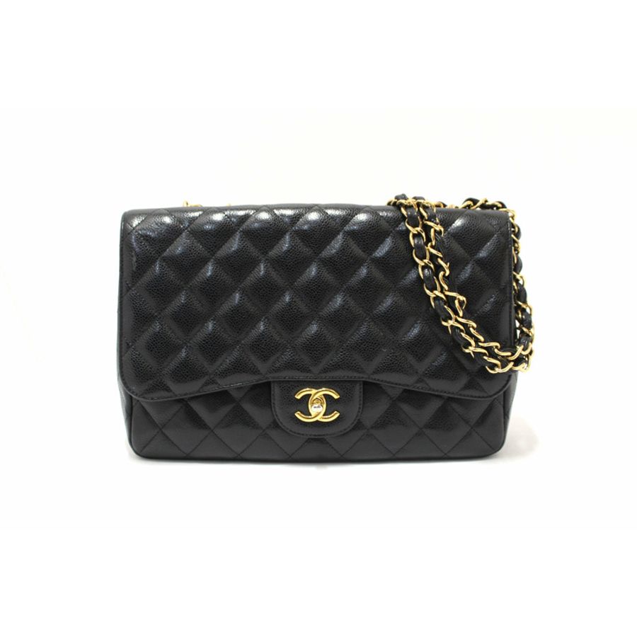 Chanel Black Quilted Caviar Leather Classic Jumbo Single Flap Bag-0