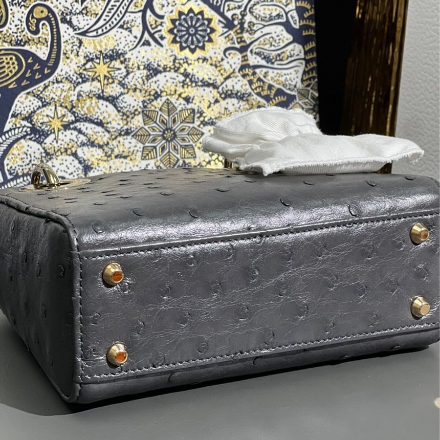 Dior 迪奧三格高級灰鴕鳥皮金扣戴妃包,2020年購入-5