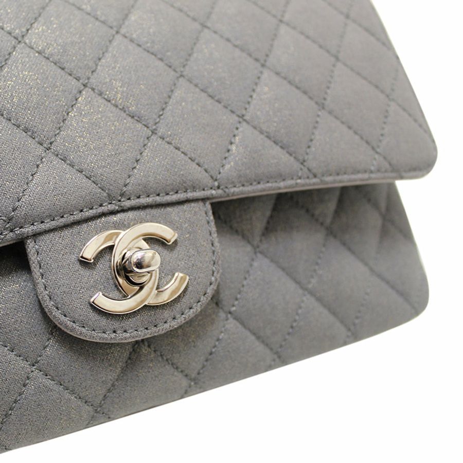 Chanel Grey Glitter Canvas Medium Classic Flap Shoulder Chain Bag-128