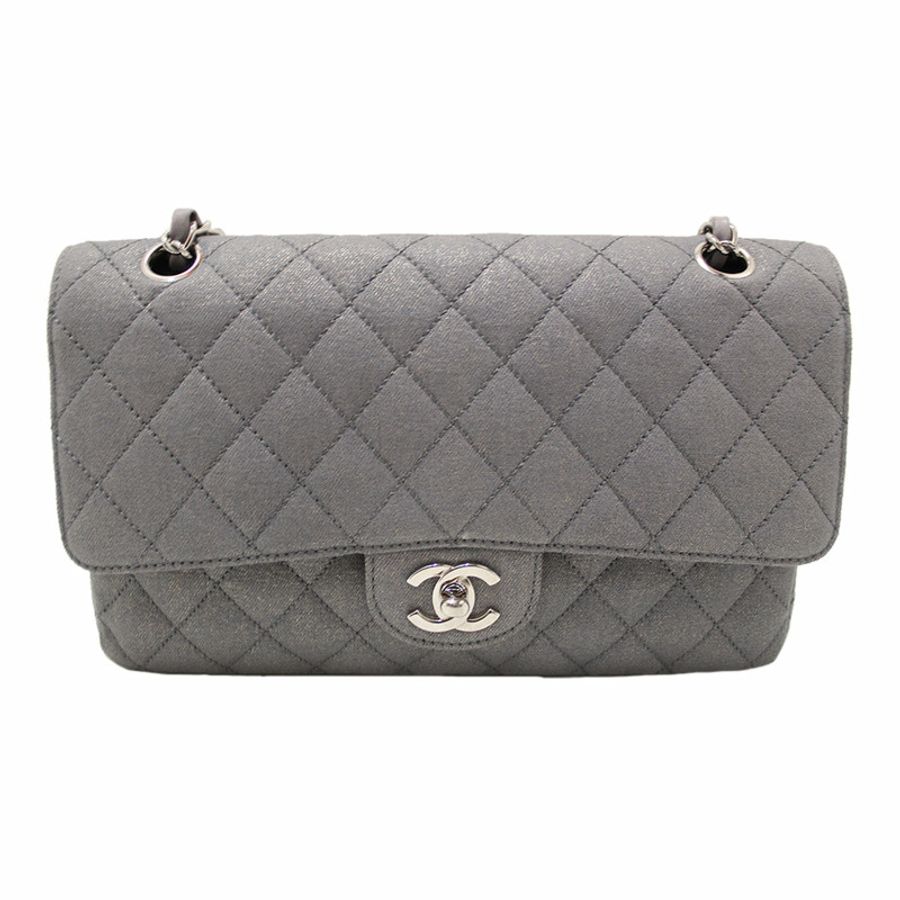 Chanel Grey Glitter Canvas Medium Classic Flap Shoulder Chain Bag-136