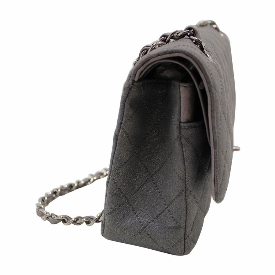 Chanel Grey Glitter Canvas Medium Classic Flap Shoulder Chain Bag-137