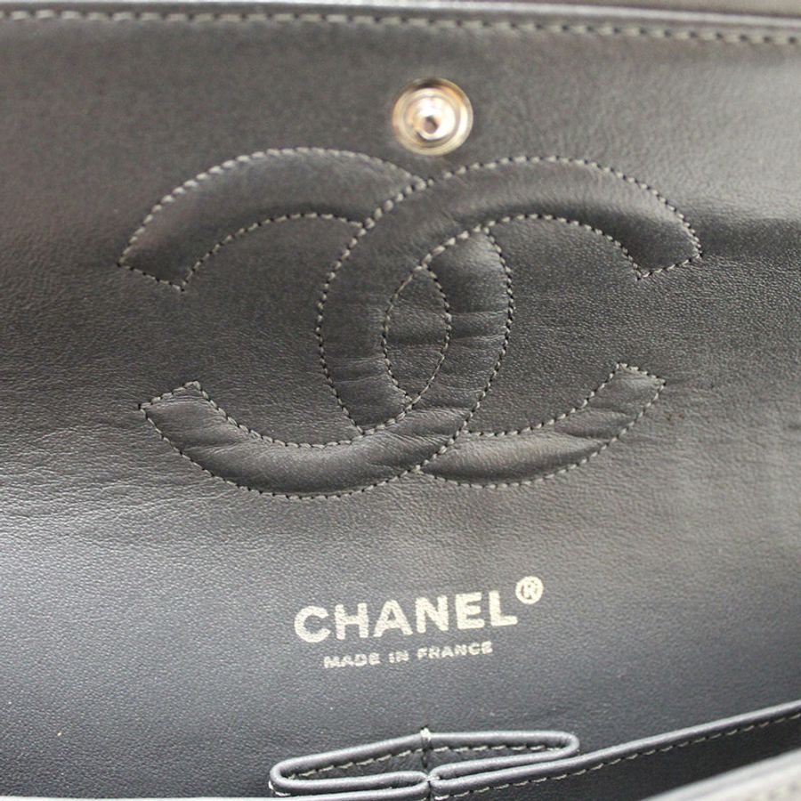 Chanel Grey Glitter Canvas Medium Classic Flap Shoulder Chain Bag-160
