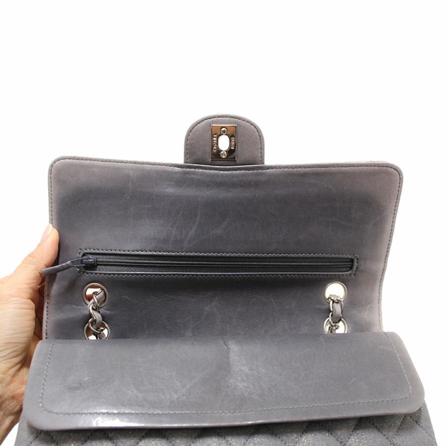 Chanel Grey Glitter Canvas Medium Classic Flap Shoulder Chain Bag-178