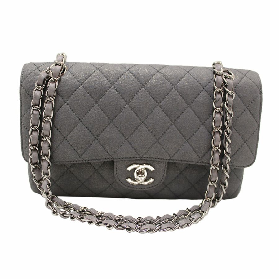 Chanel Grey Glitter Canvas Medium Classic Flap Shoulder Chain Bag-180
