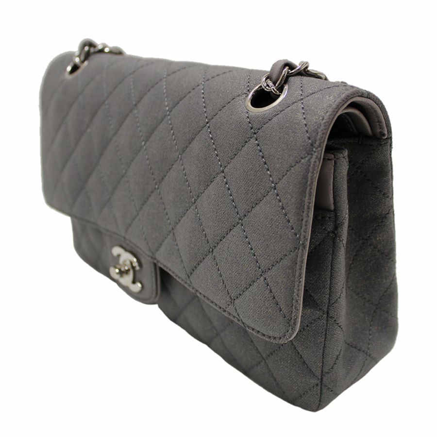 Chanel Grey Glitter Canvas Medium Classic Flap Shoulder Chain Bag-183