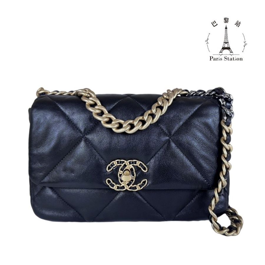 【巴黎站二手名牌專賣店】*現貨*CHANEL 香奈兒 真品*黑色羊皮19系列金釦26手提斜背包-0