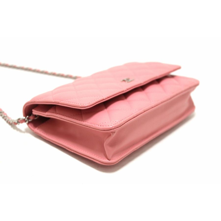 Chanel Pink Quilted Lambskin Leather Wallet On Chain WOC Messenger Bag-10