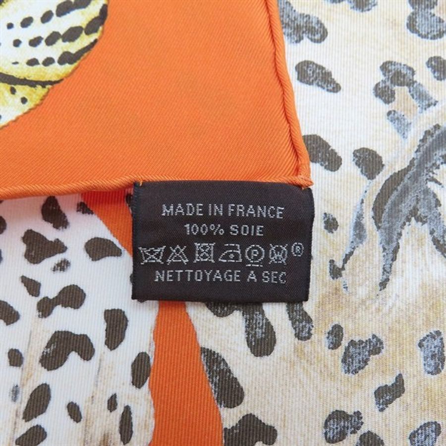 九成新 HERMES 橘色 絲質 豹 90x90 方形 絲巾 Hermès 愛馬仕-5