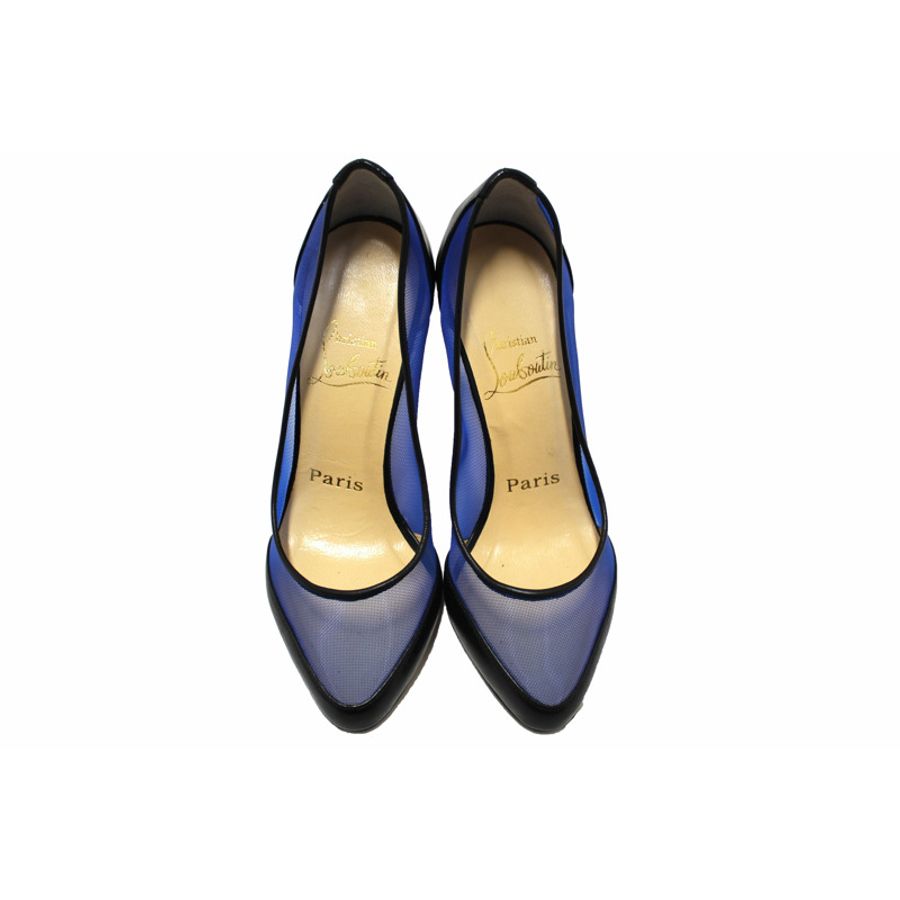 Christian Louboutin Galativi Black Leather and Blue Mesh Pointed Toe Stiletto Heel Size 34.5-10