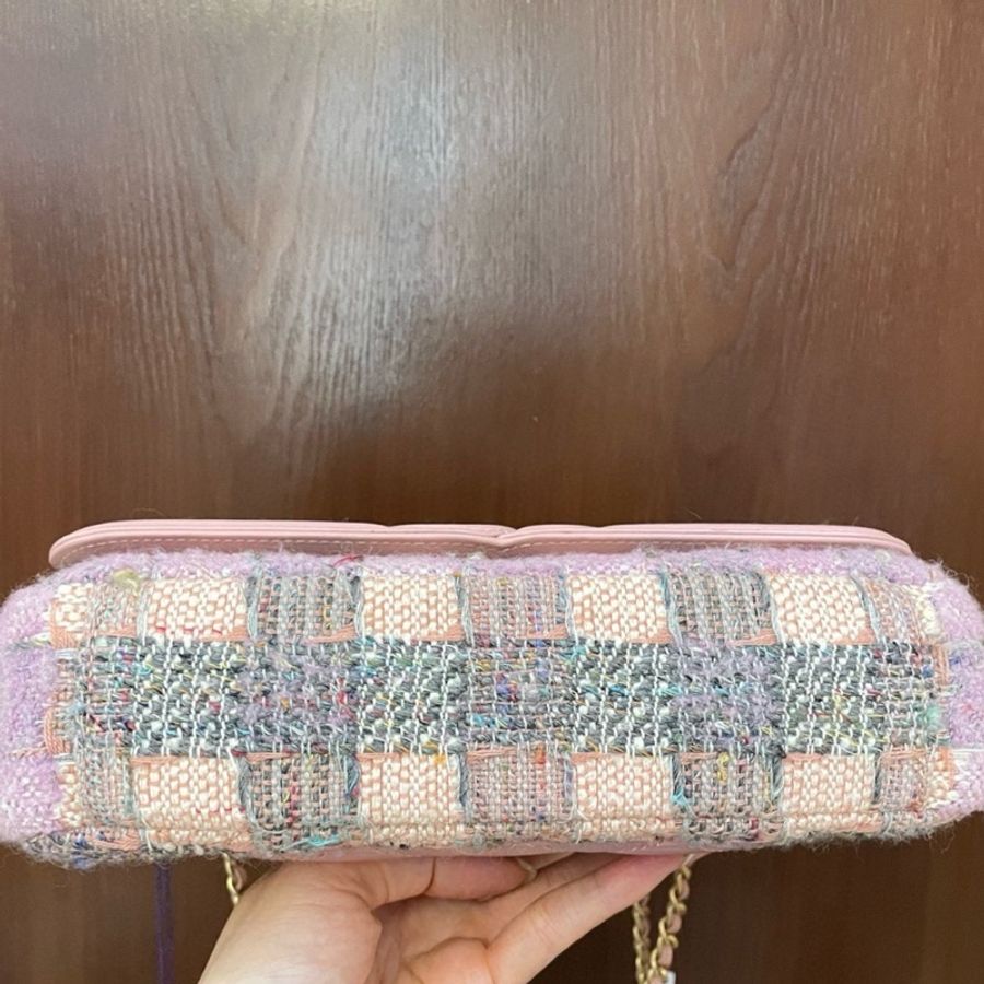 Chanel 毛呢粉色拼皮翻蓋鏈條包-2