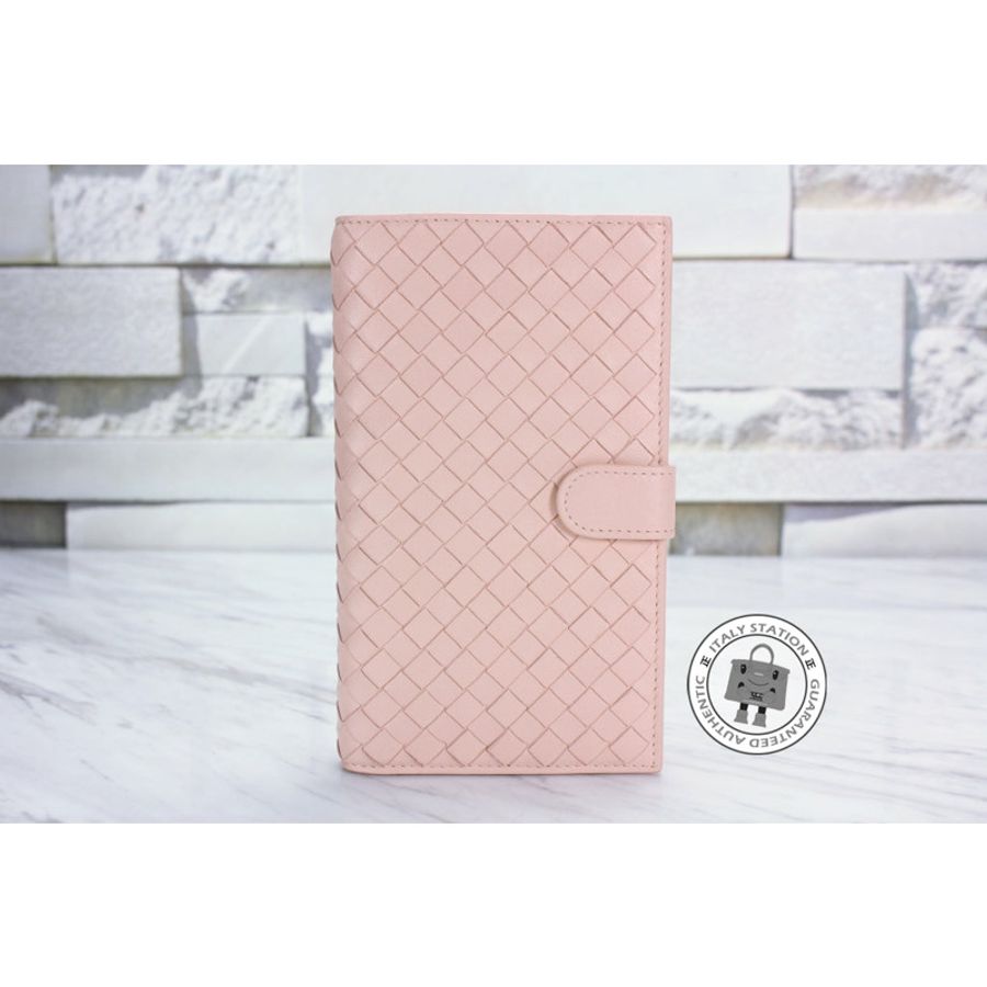 Bottega Veneta 114074 V001N Intrecciato Nappa Intrecciato Woven Leather Flamingo / 6813 Leather Long Wallet-0
