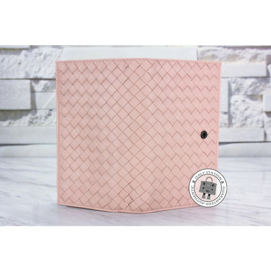 Bottega Veneta 114074 V001N Intrecciato Nappa Intrecciato Woven Leather Flamingo / 6813 Leather Long Wallet-1