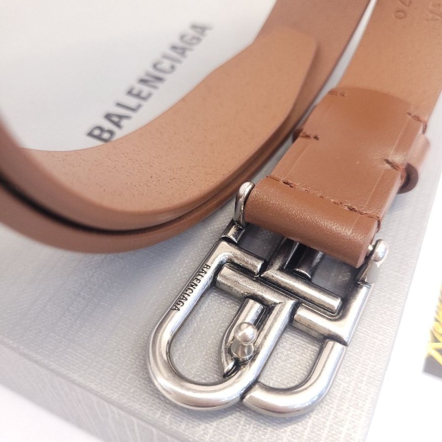 Balenciaga 經典復古銀雙b logo皮帶 棕 70cm-3