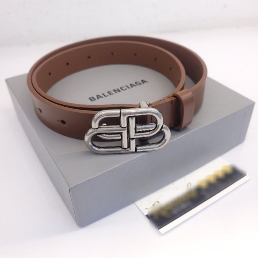Balenciaga 經典復古銀雙b logo皮帶 棕 70cm-4