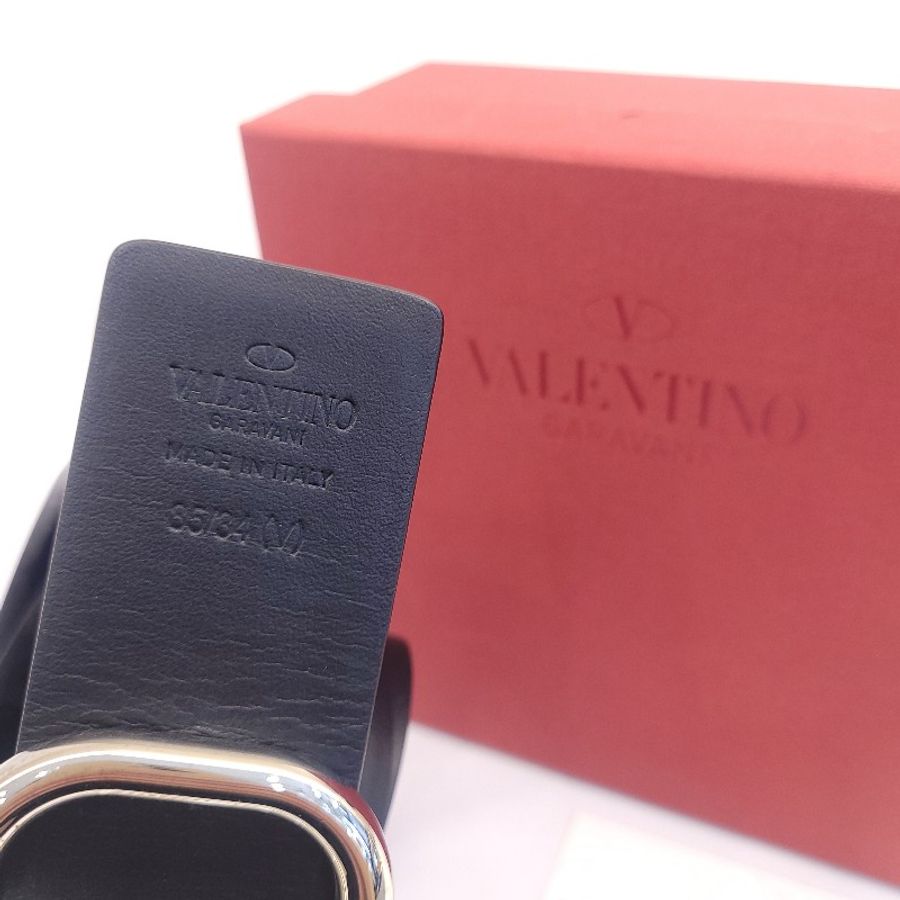 VALENTINO VLogo 黑銀金屬釦皮革腰帶 黑 90cm-2