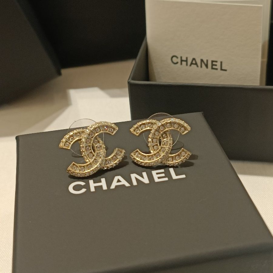 Chanel 香奈兒 金色 經典雙 C logo 滿鑽 耳針耳環-0
