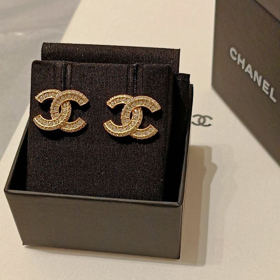 Chanel 香奈兒 金色 經典雙 C logo 滿鑽 耳針耳環-6
