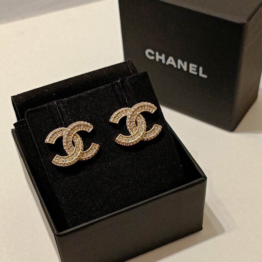 Chanel 香奈兒 金色 經典雙 C logo 滿鑽 耳針耳環-8