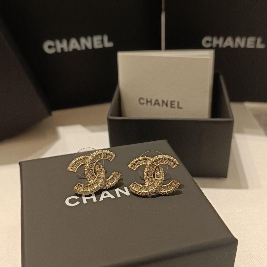 Chanel 香奈兒 金色 經典雙 C logo 滿鑽 耳針耳環-9