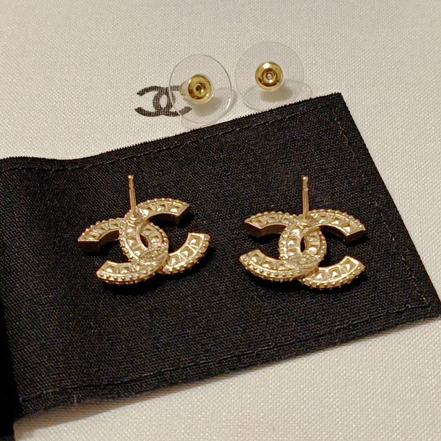 Chanel 香奈兒 金色 經典雙 C logo 滿鑽 耳針耳環-10