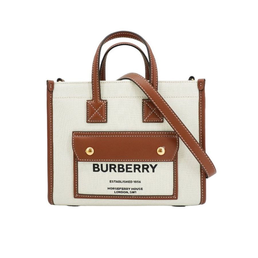 Burberry Freya 帆布拚牛皮手提兩用托特包-迷你(8044143-卡其)-1