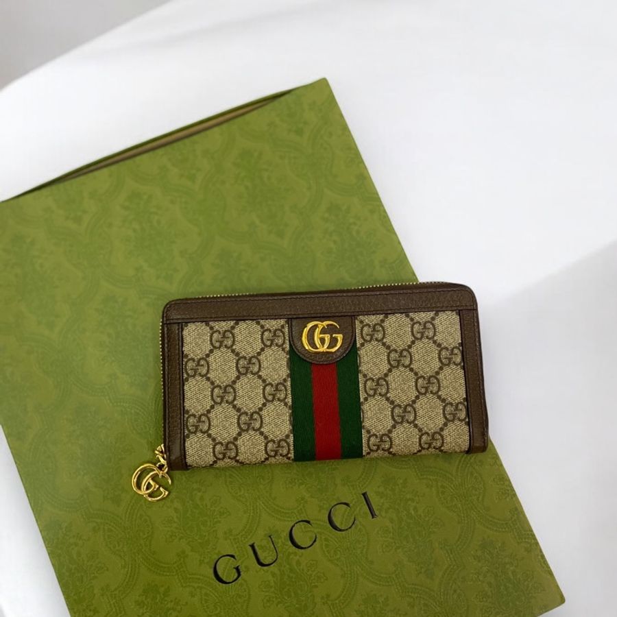 Gucci pvc拚咖牛皮金釦Ophidia ㄇ拉12卡長夾-0