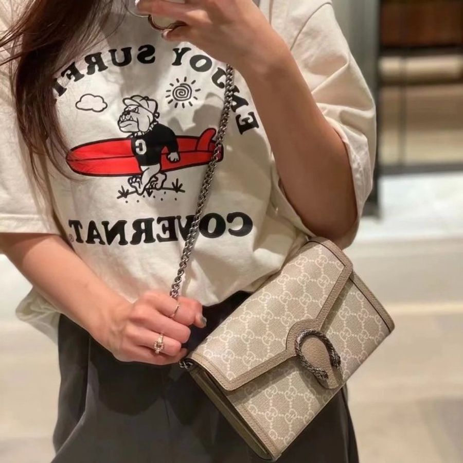 Gucci 401231 Dionysus 帆布鑲皮革酒神鍊帶WOC包 燕麥色《當季專櫃正售★全新商品 》-2