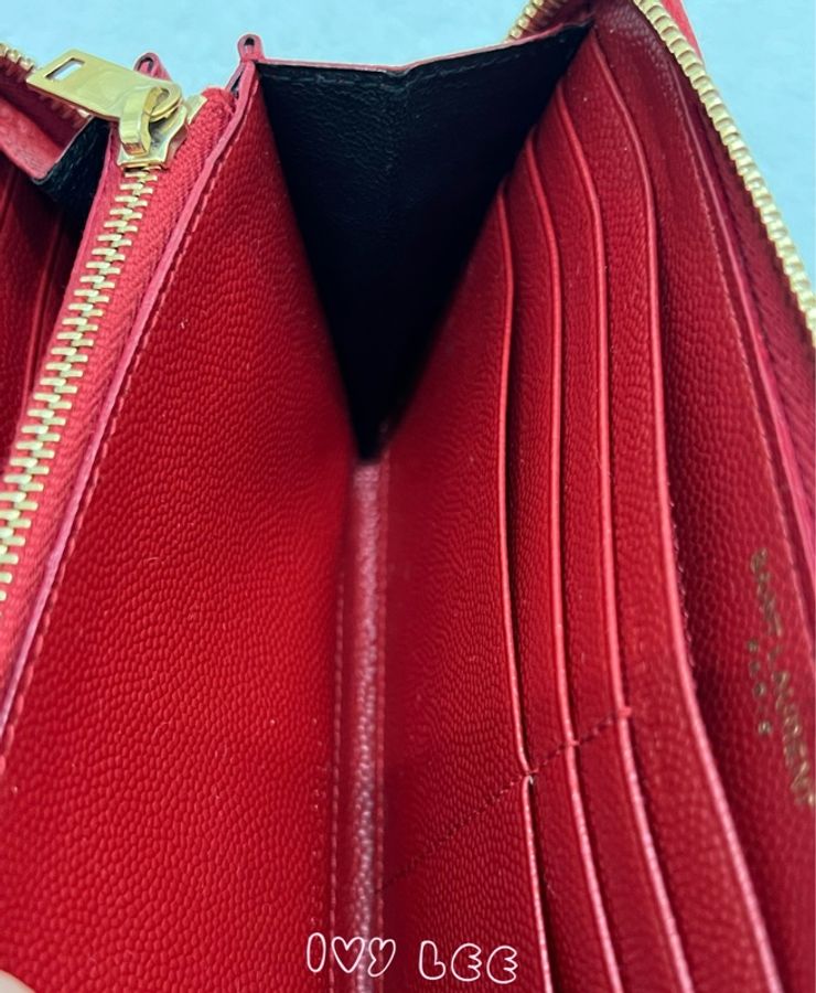 SAINT LAURENT MONOGRAM系列V字縫線魚子醬牛皮金屬LOGO拉鍊 長夾 358094 紅 二手精品-9