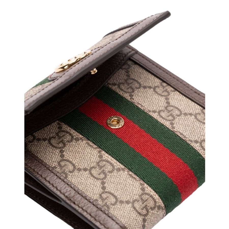 【GUCCI 古馳】Ophidia French Flap 法式翻蓋 帆布 牛皮飾邊 零錢包 卡夾 短夾 米色 烏木色 523173-1
