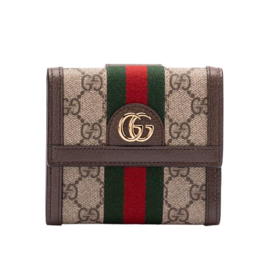 【GUCCI 古馳】Ophidia French Flap 法式翻蓋 帆布 牛皮飾邊 零錢包 卡夾 短夾 米色 烏木色 523173-4