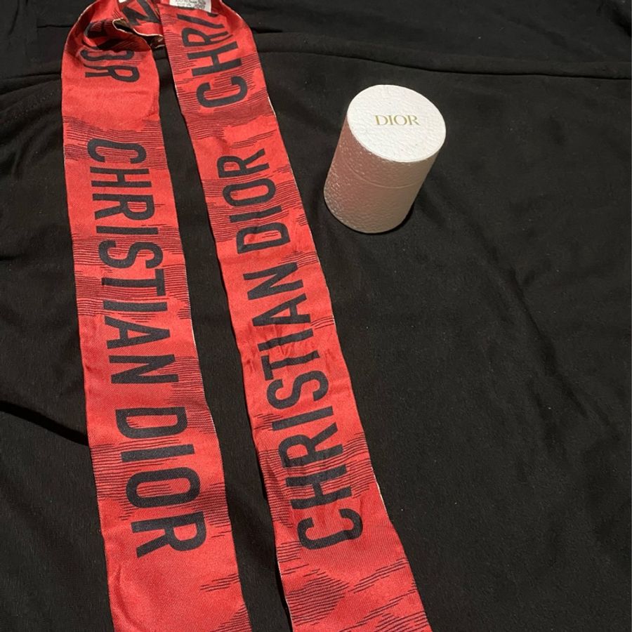 Christian Dior 迪奧 紅色 TWILLY 絲巾 綁帶 包包配件-4