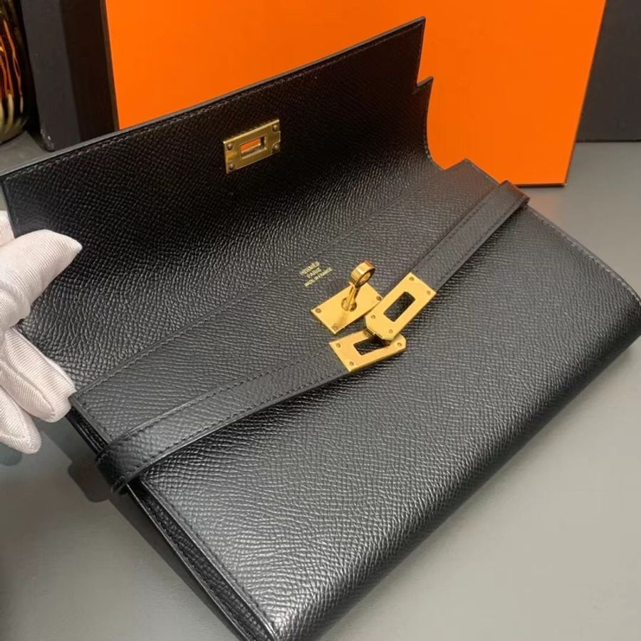 Hermes愛馬仕Kelly錢包黑金Epsom皮金扣Y刻，配根肩帶就是woc了-8