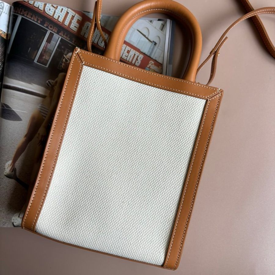 ::CELINE:: 焦糖皮革邊 白色帆布琴譜包 手提斜背兩用-1