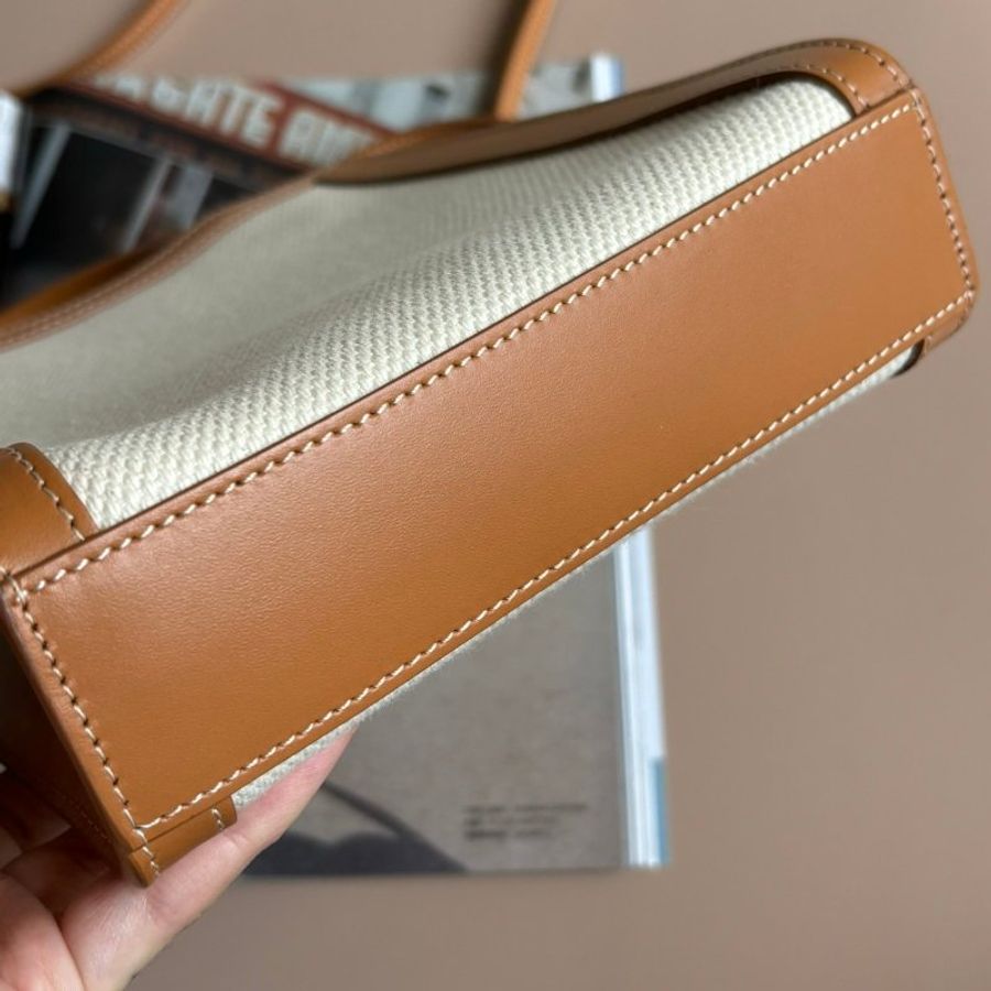 ::CELINE:: 焦糖皮革邊 白色帆布琴譜包 手提斜背兩用-2