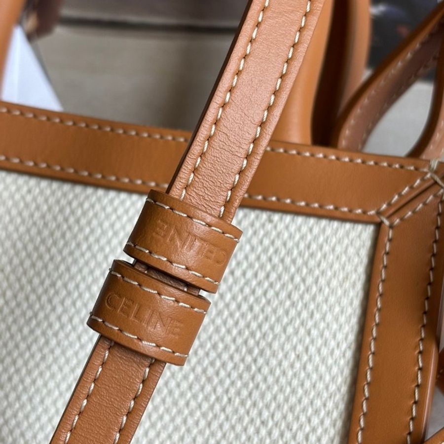 ::CELINE:: 焦糖皮革邊 白色帆布琴譜包 手提斜背兩用-9