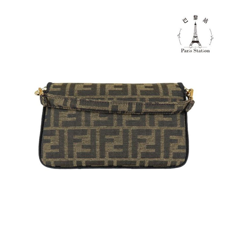 【巴黎站二手名牌專賣店】*現貨*FENDI 芬迪 真品*Mini Baguette棕色提花布金釦迷你法棍兩用包-1