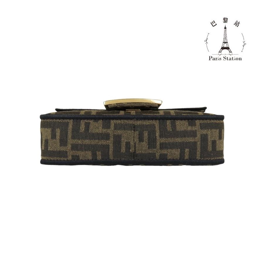 【巴黎站二手名牌專賣店】*現貨*FENDI 芬迪 真品*Mini Baguette棕色提花布金釦迷你法棍兩用包-2