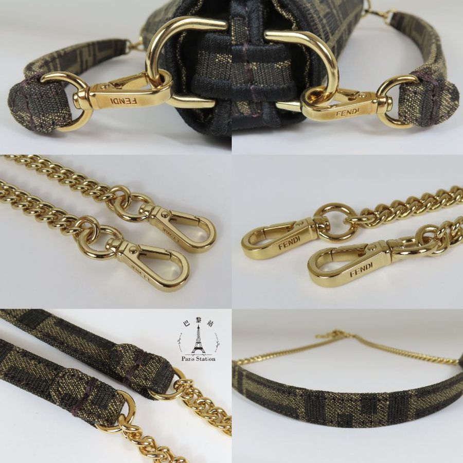 【巴黎站二手名牌專賣店】*現貨*FENDI 芬迪 真品*Mini Baguette棕色提花布金釦迷你法棍兩用包-5