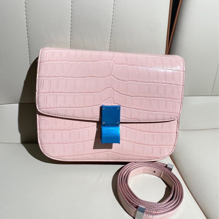 Celine 櫻花粉box中號 鱷魚皮銀扣 單肩斜挎包-0