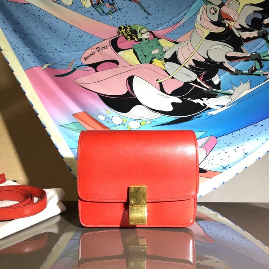 赛琳 celine box小號橘色金扣單肩斜挎女包-0