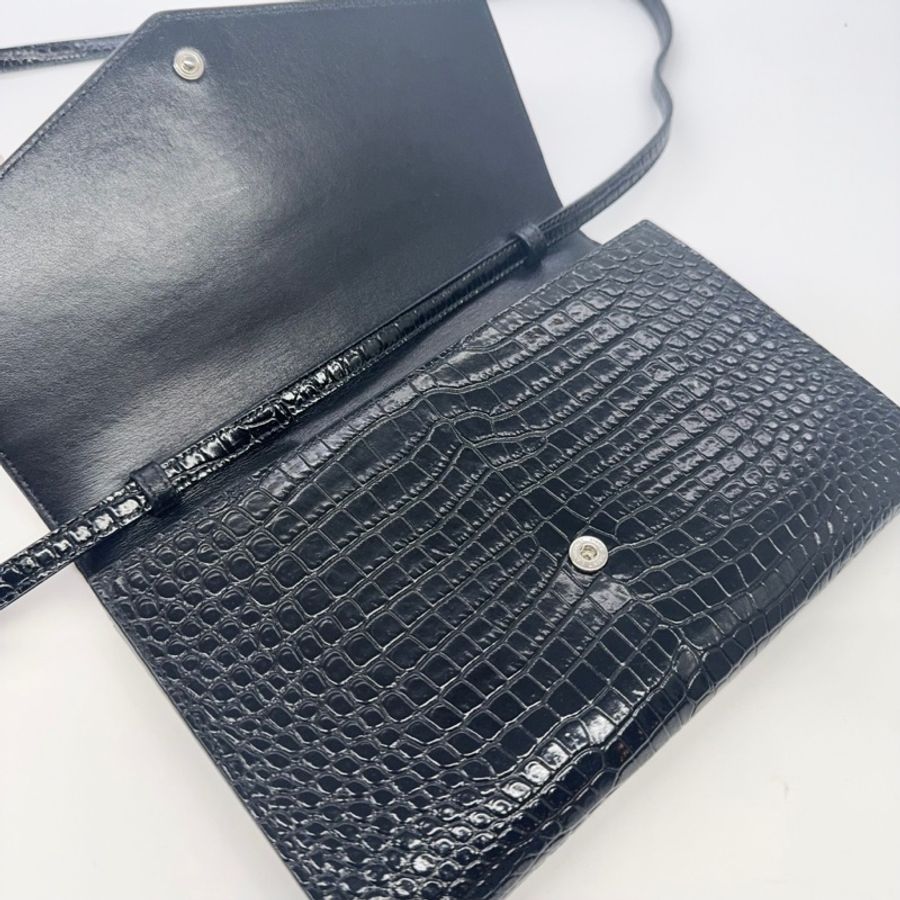 🌈 特惠 🌈 YSL 黑色鱷壓牛皮銀扣下蓋Uptown woc/-9
