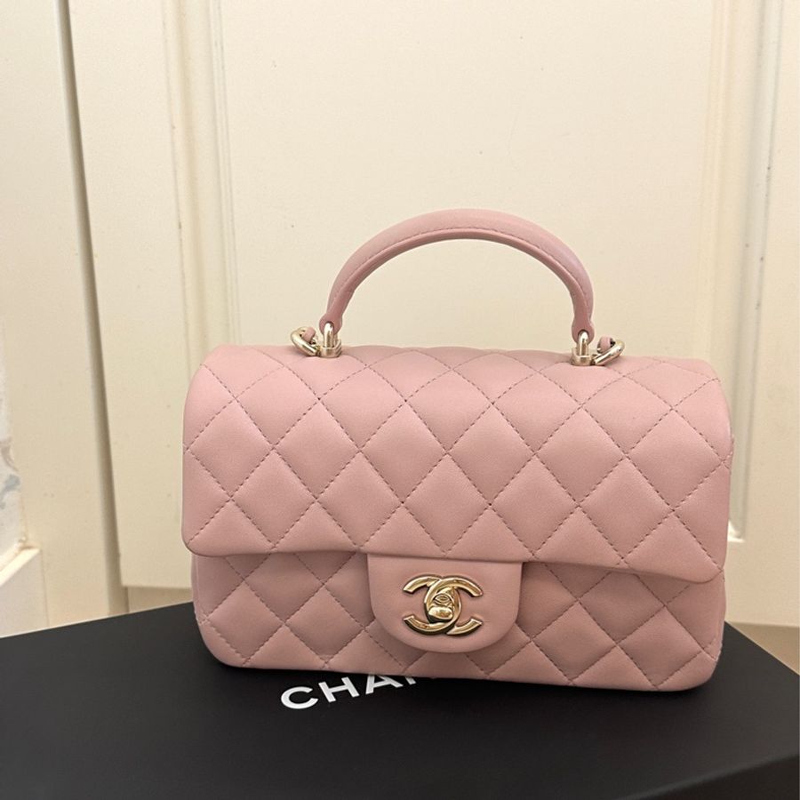 chanel 24P超美粉色mini cf 有手柄 接近全新!!-0