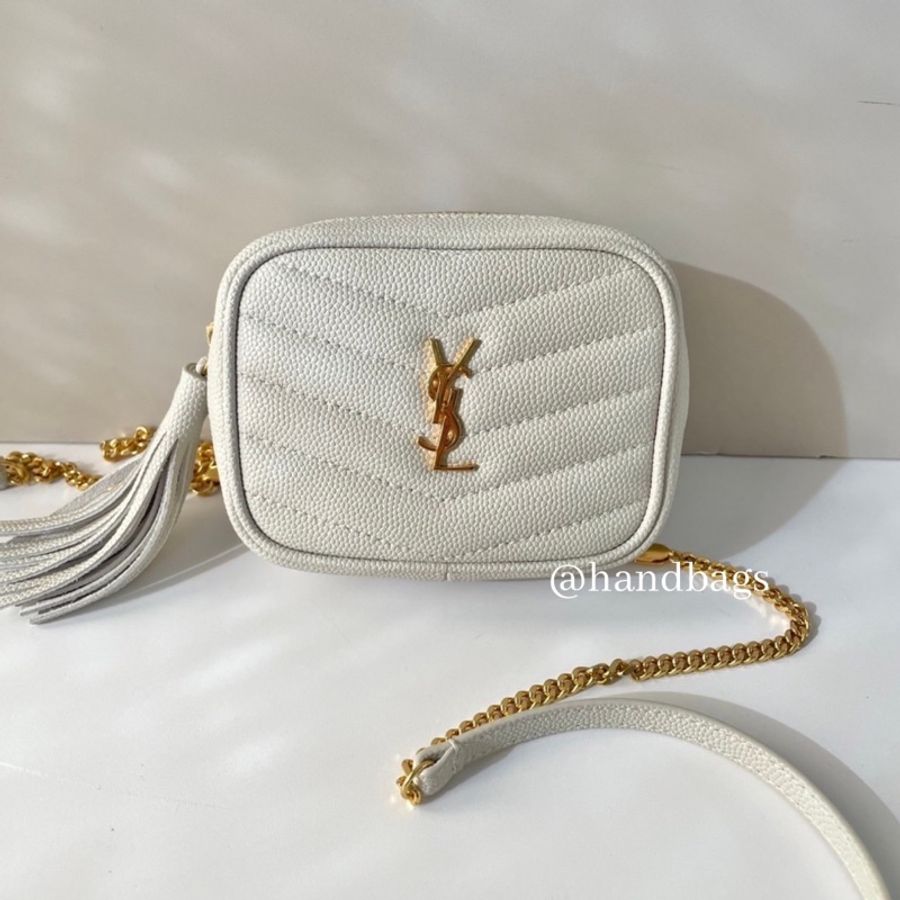 YSL 迷你 相機包 腰包 卡片包 金屬 LOGO 流蘇 荔枝 牛皮 米白 金釦 635088-0